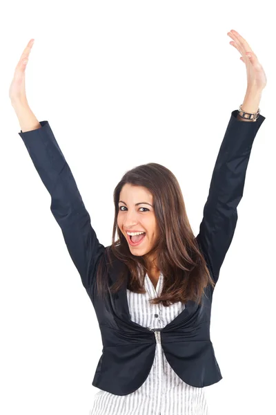 Portrait d'une jeune femme d'affaires excitée célébrant sa victoire isolée sur blanc — Photo