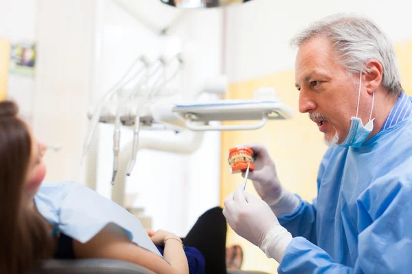 Dentysta, wyjaśniając w leczeniu — Zdjęcie stockowe