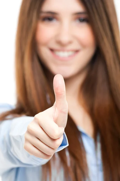 Éxito joven mujer de negocios mostrando pulgares hacia arriba signo — Foto de Stock