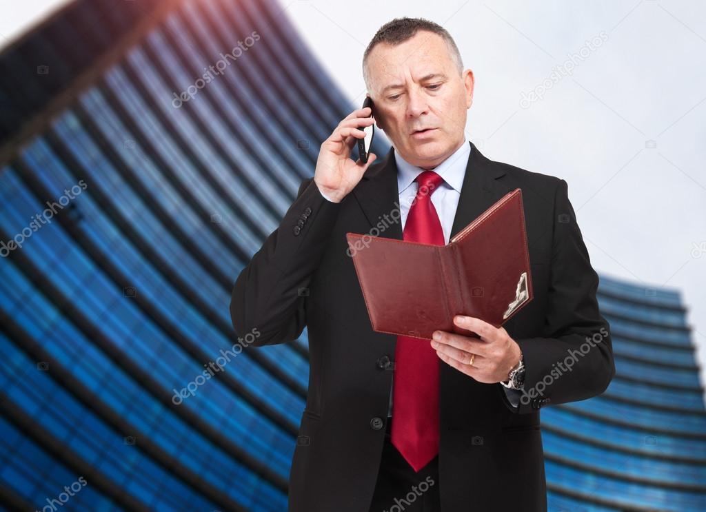 Mature businessman taking notes in his office at the phone