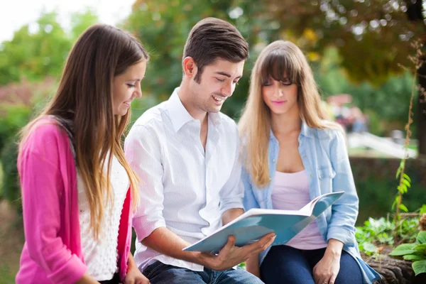 Estudantes lendo um livro — Fotografia de Stock