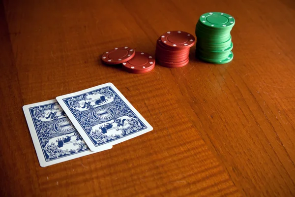 Poker chips and play cards — Stock Photo, Image