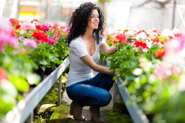 Woman in a greenhouse — Stock Photo, Image