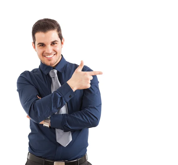 Man pointing his finger to the copyspace — Stock Photo, Image