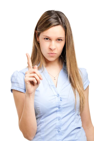 Mujer señalando su dedo hacia arriba — Foto de Stock