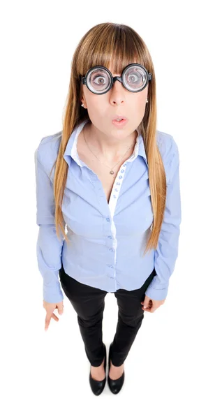 Nörd kvinna med ett roligt bländad uttryck — Stockfoto