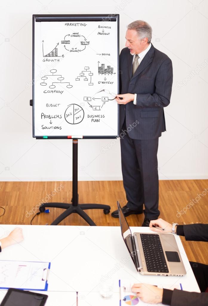 Businessman pointing at whiteboard