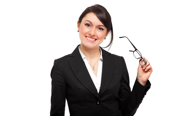 Woman holding a pair of eyeglasses — Stock Photo, Image