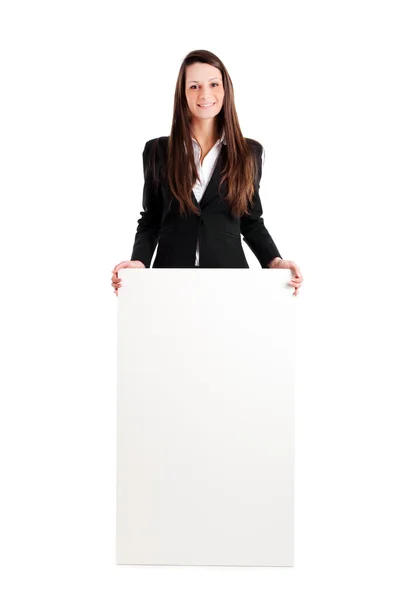 Nő egy üres tábla bemutatás — Stock Fotó
