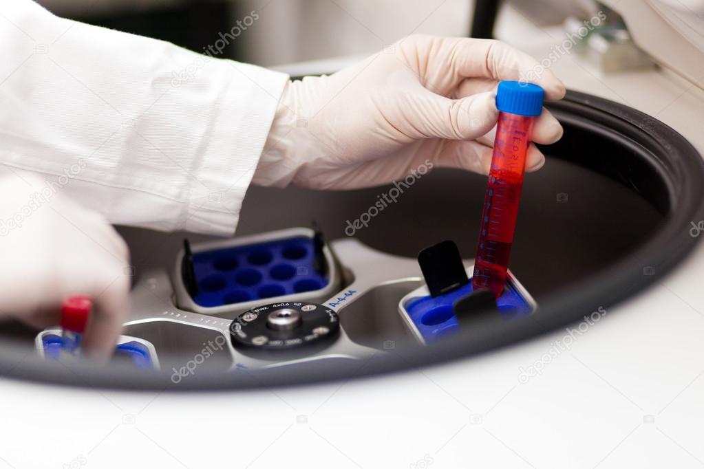 Scientist using a laboratory centrifuge