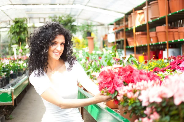 Woman looking at flowers in greenhouse — Stock Photo, Image