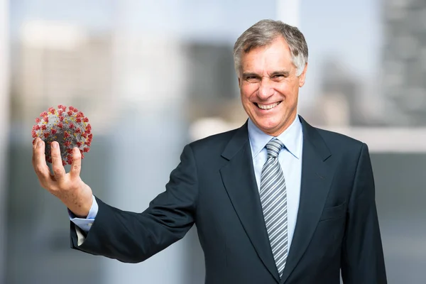 Senior Businessman Holding Virus His Hand Covid Coronavirus Concept — Stock Photo, Image