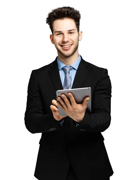 Jonge Manager Met Een Digitale Tablet Geïsoleerd Witte Achtergrond — Stockfoto