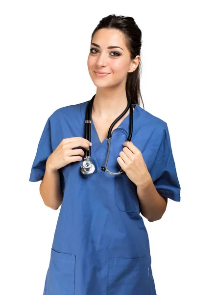 Retrato Enfermeira Isolado Fundo Branco — Fotografia de Stock