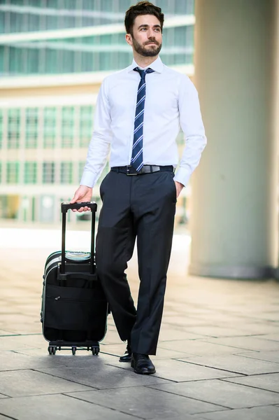 Businessman walking with suitcase, business travel