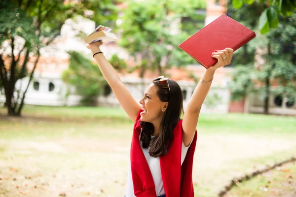 Portrait Happy Teenager Student Raising Her Arms — Stock Photo, Image