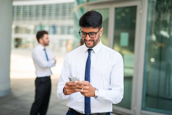 Smiling Businessman Using His Cellphone Front Group Colleagues Teamwork Concept — Stock Photo, Image