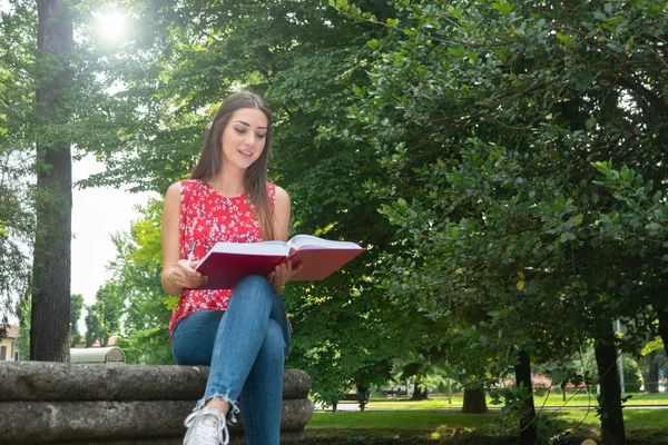 Νεαρή Γυναίκα Κάθεται Ένα Πάρκο Και Διαβάζει Ένα Βιβλίο — Φωτογραφία Αρχείου