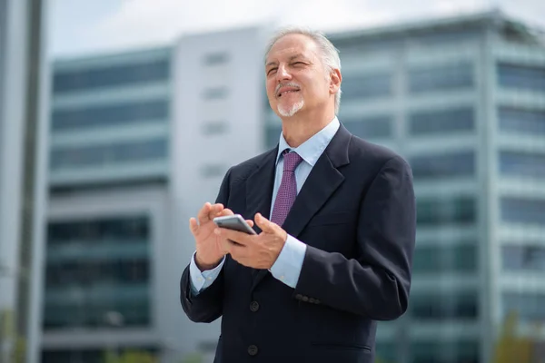 Retrato Hombre Negocios Mayor Sonriente Usando Teléfono Inteligente Móvil Aire — Foto de Stock