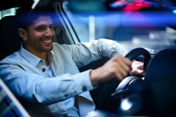 Young Man Driving His Car Night — Stock Photo, Image
