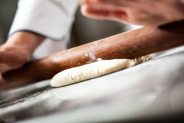 Chef Rolling Out Dough His Kitchen Closeup — Stock Photo, Image