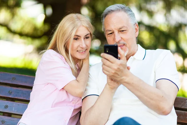 Adult Couple Using Smartphone Together Park — Stock Photo, Image