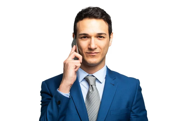 Портрет Жизнерадостного Бизнесмена Разговаривающего Телефону Изолированного Белом Фоне — стоковое фото