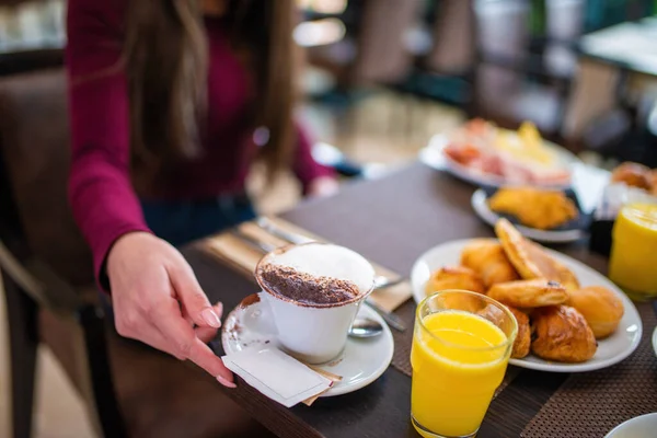 Woman Having Breakfast Cappuccino Sweet Pastries Orange Juice — Stock Photo, Image