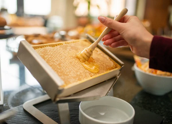 Woman Taking Honey Buffet Breakfast Sweet Food Concept — Stock Photo, Image