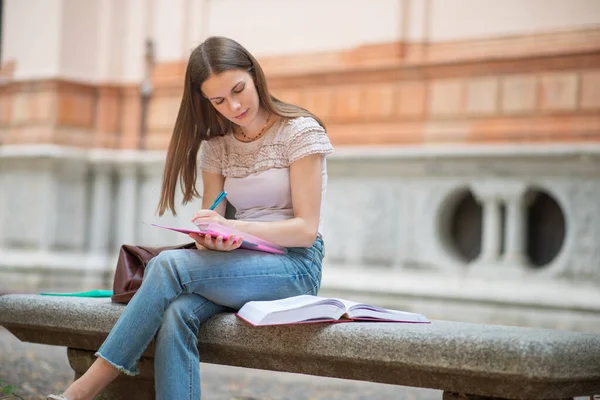 在学校前面的公园里学习的女学生的画像 — 图库照片