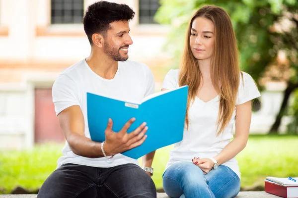 Two Students Studying Together Sitting Bench Outdoor — Stock Photo, Image