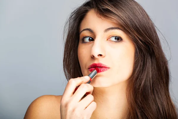 Woman Applying Red Lipstick Close — Stock Photo, Image
