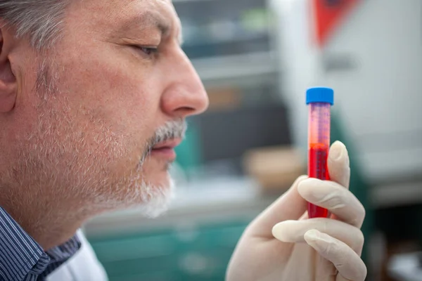 Científico Examinando Una Muestra Sangre Laboratorio — Foto de Stock