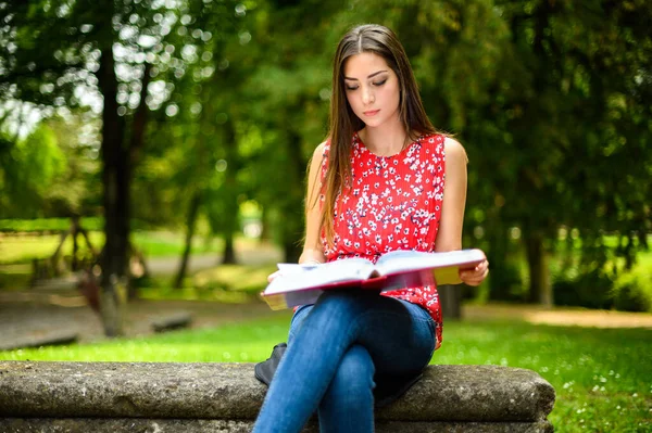 Mooie Vrouwelijke Student Lezen Van Een Boek Een Bank Een — Stockfoto