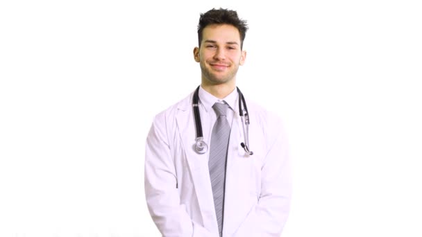 Χαμογελαστός Όμορφος Γιατρός Λευκό Φόντο — Αρχείο Βίντεο