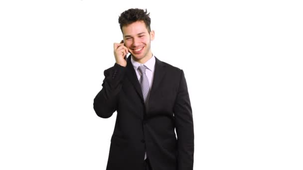 Усміхнений Бізнесмен Говорить Телефону Ізольовано Білому — стокове відео
