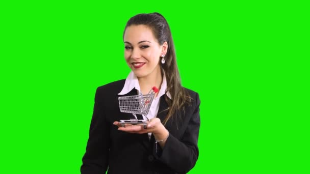 Nákupní Koncept Usmívající Šťastná Mladá Žena Ukazuje Malé Prázdné Nákupní — Stock video
