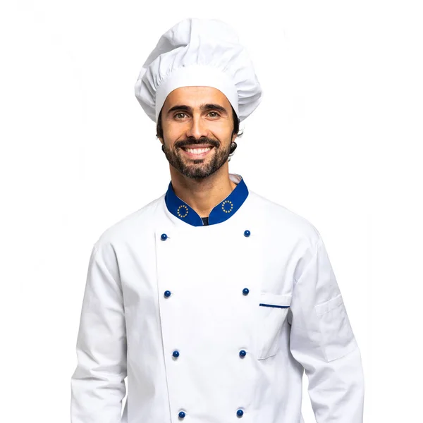 Vrolijke Chef Kok Geïsoleerd Witte Achtergrond — Stockfoto