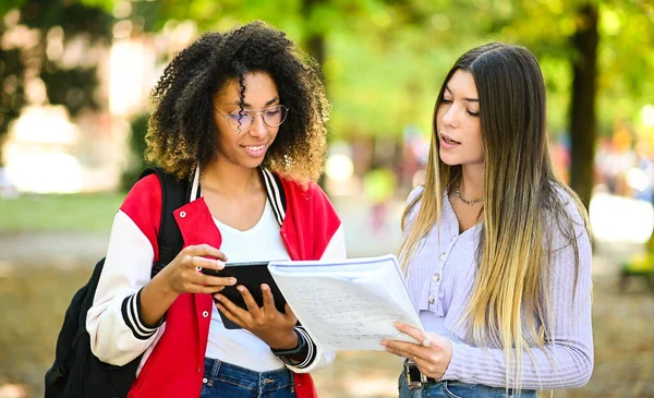 Női Többnemzetiségű Diákok Beszélgetnek Szabadban — Stock Fotó