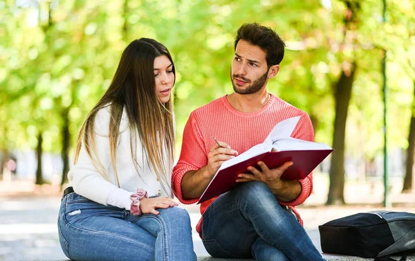 Dva Studenti Studující Společně Sedí Lavičce Venku — Stock fotografie