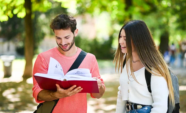 Two Students Male Female Talking Outdoor College Park While Holding — Stock Photo, Image