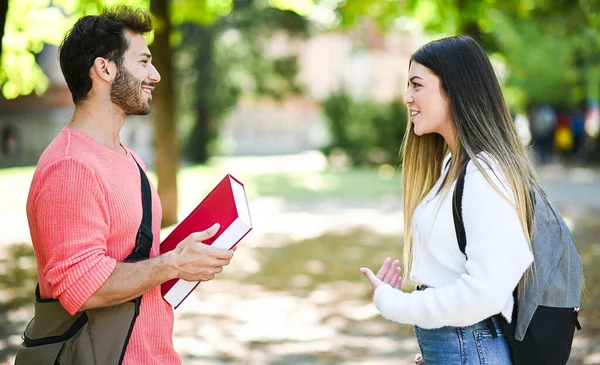 Dois Estudantes Masculino Feminino Conversando Livre Parque Universitário Enquanto Segurando — Fotografia de Stock