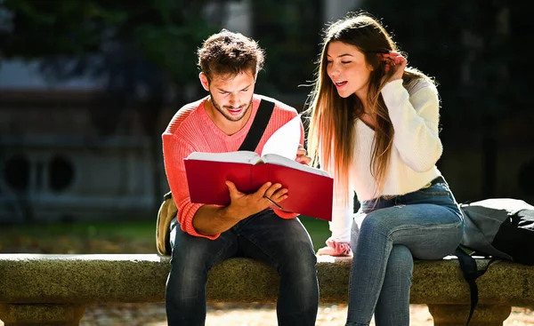 2人の学生が一緒にベンチの屋外に座って勉強する — ストック写真