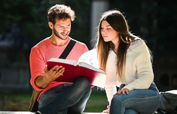 Deux Étudiants Étudient Ensemble Assis Sur Banc Extérieur — Photo