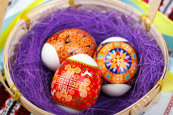 Easter eggs in the basket on towel — Stock Photo, Image