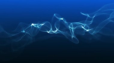 Akan küçük parçacıkların dalga ve ışık soyut arkaplan üzerinde dans ettiği soyut dijital mavi renk dalgası. 3B illüstrasyon