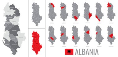Arnavutluk 'un bayraklı bölgelerinin ayrıntılı vektör haritası