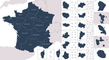 Vector color detailed map of metropolis and overseas territories of France  with administrative divisions of the country, each region is presented separately in-highly detailed and divided into departments clipart