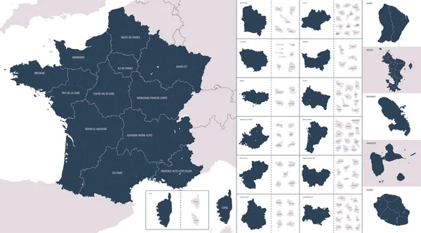 Vektorfarbene Detailkarte Der Metropolen Und Überseegebiete Frankreichs Mit Administrativen Einteilungen — Stockvektor