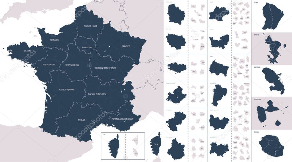 Vector color detailed map of metropolis and overseas territories of France  with administrative divisions of the country, each region is presented separately in-highly detailed and divided into departments